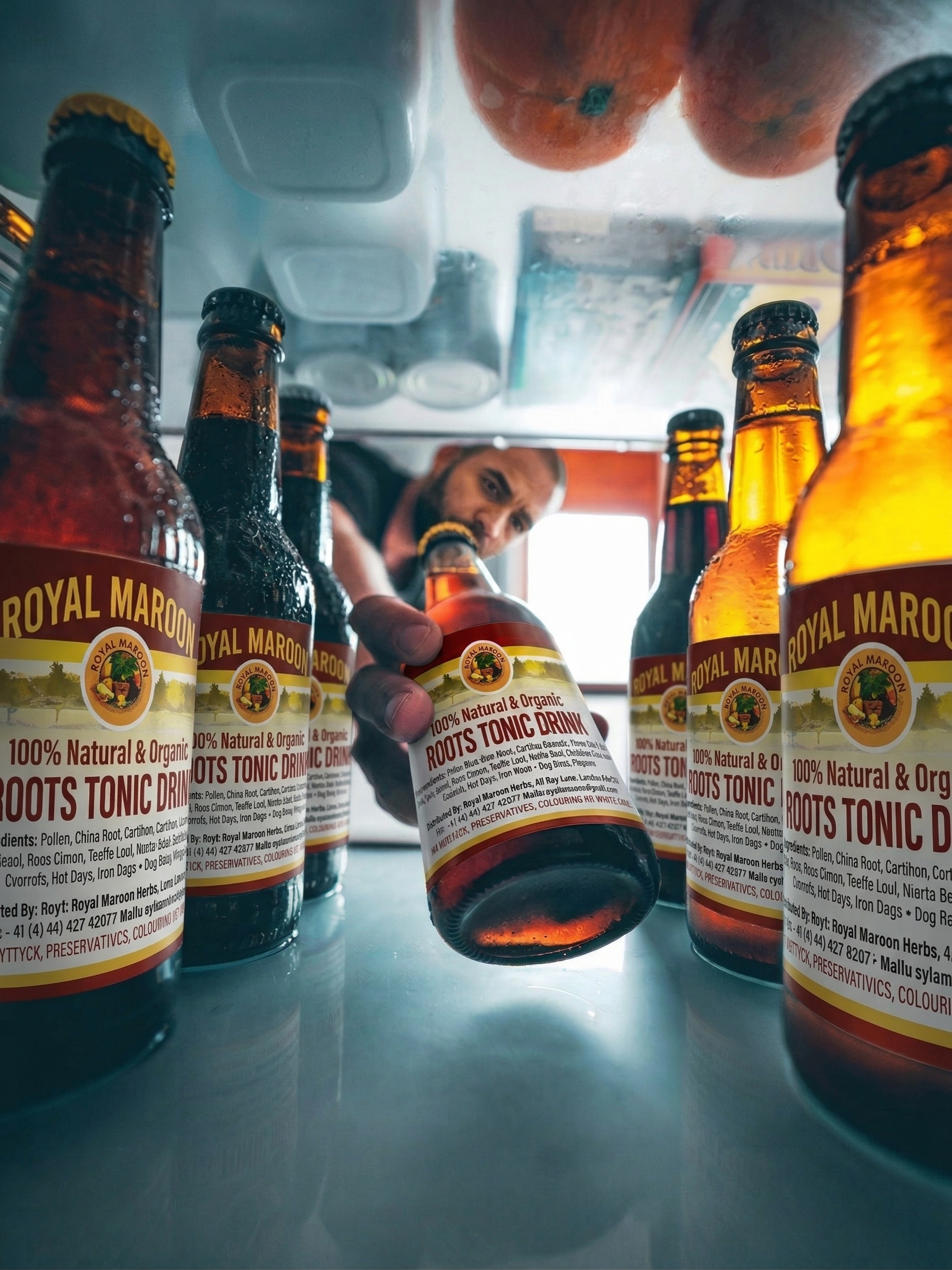 Roots Tonic Drink bottle in fridge